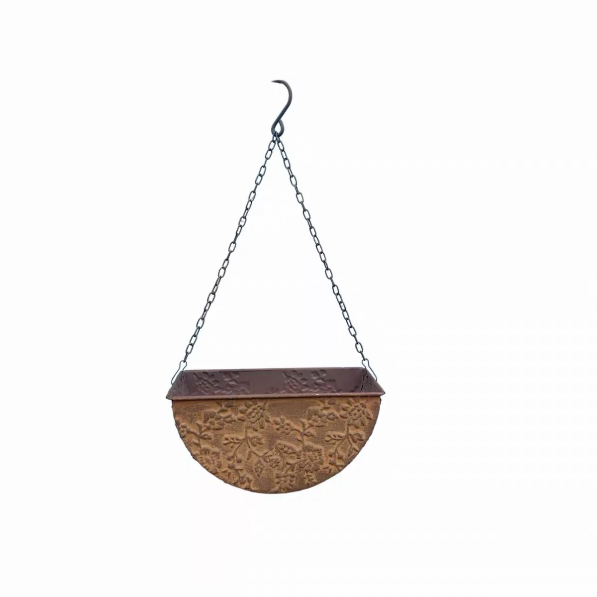 Vintage Metal Hanging Planter with Chain, Embossed Floral Half Moon Wall Plant Pot