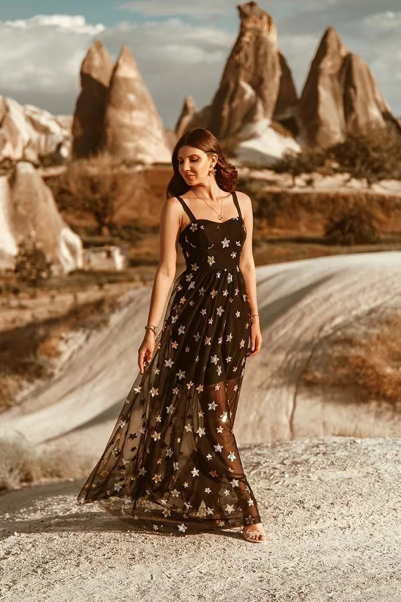 

Sequined Lace Sleeveless Elegant Dresses 2024 Summer Women V-Neck Solid Long Slim Holiday Sexy Party Club Summer