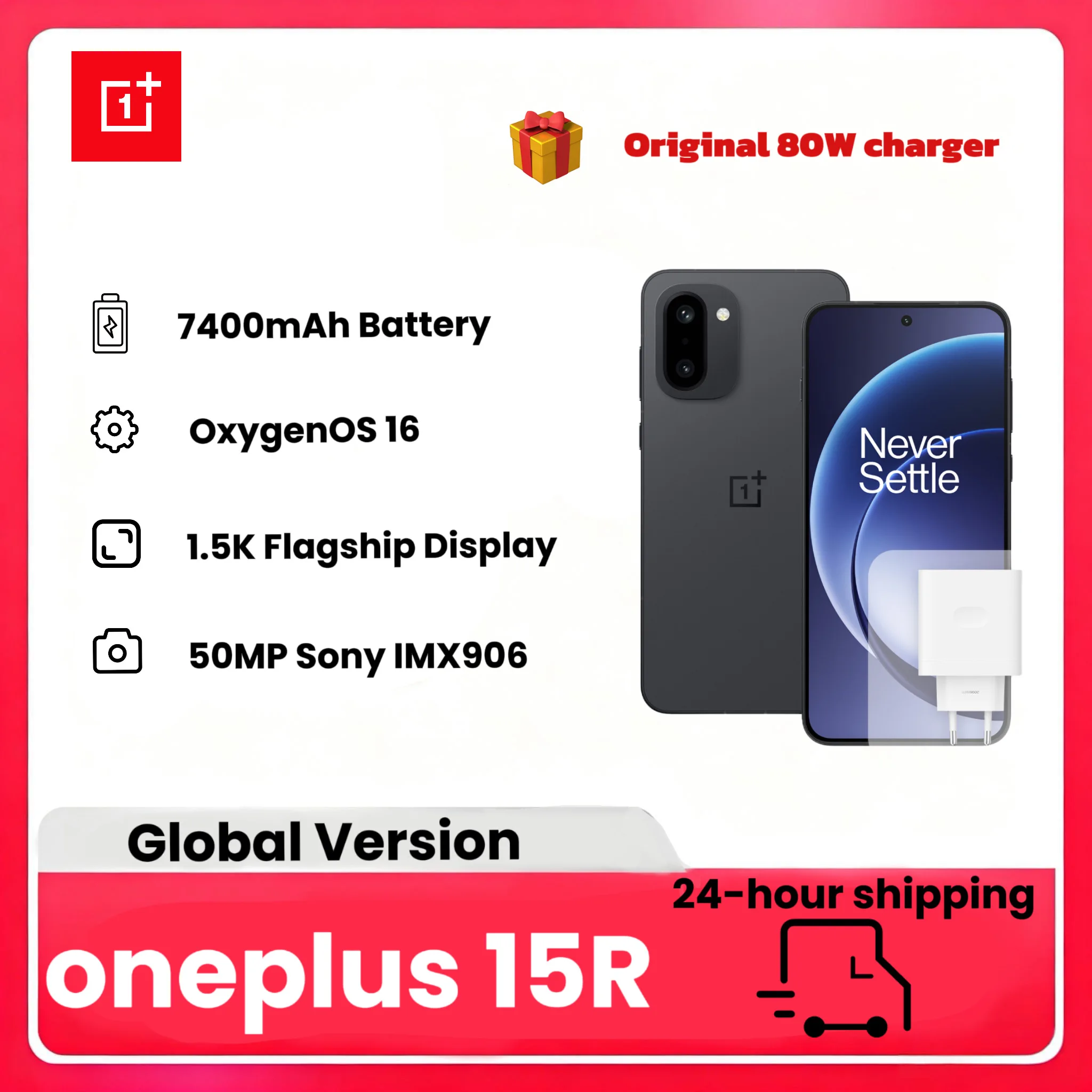 OnePlus 15R 5G AI Smartphone, 12 GB RAM, ROM Go, pantalla AMOLED en pulgadas, batería de 7400 mAh, resistente al agua IP68, con cargador de 80 W 3