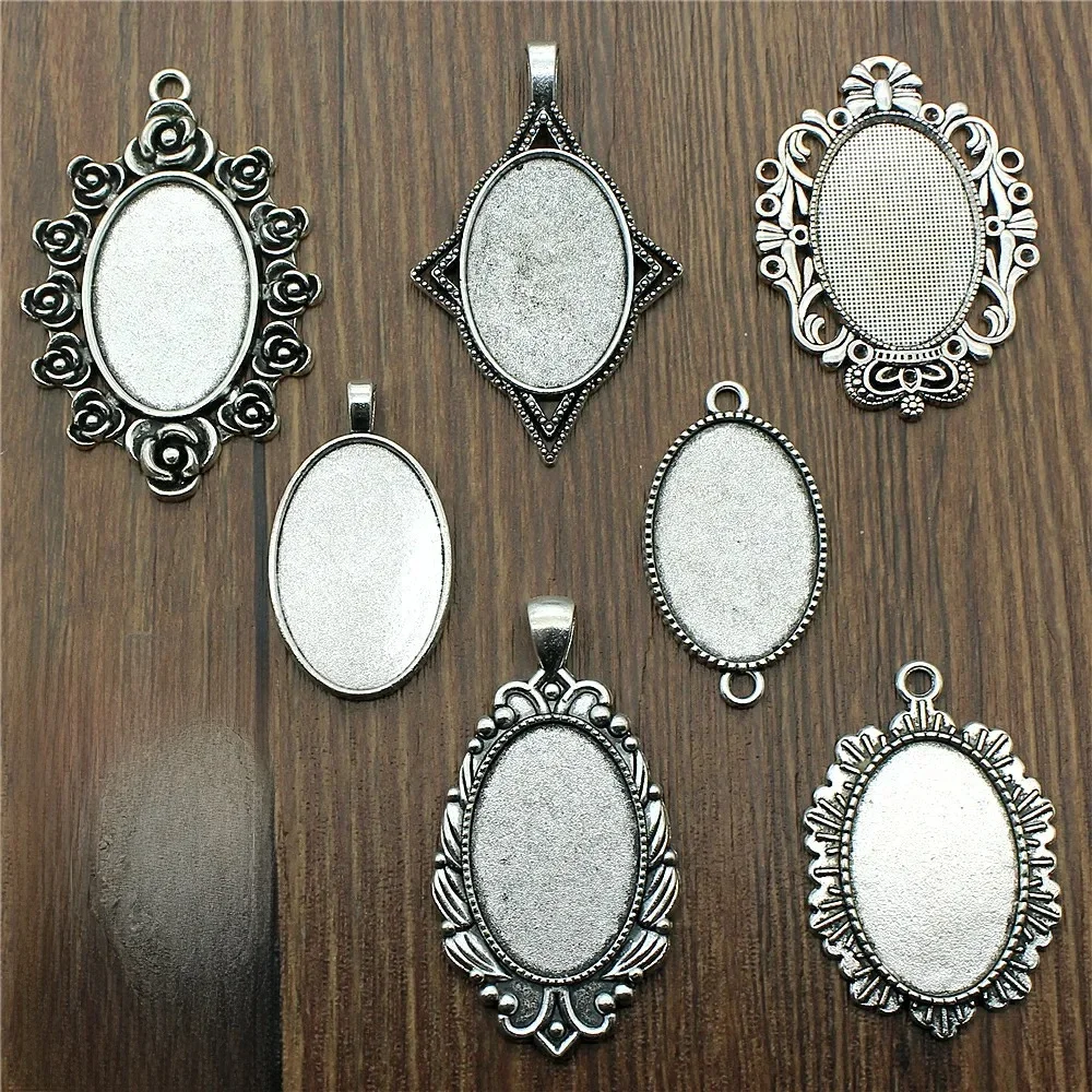 3 sztuk Fit 20x30mm owalne szkła Cabochon baza ustawienie wisiorek taca do biżuterii DIY Making Antique kolor srebrny FM4013 — zdjęcie 2