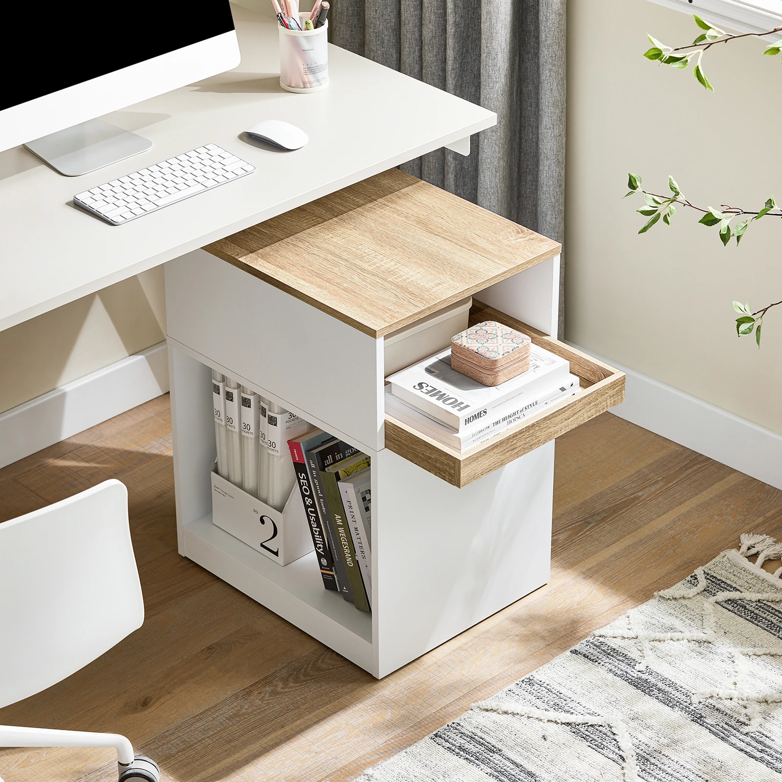 SoBuy ASK08-WN Druckertisch mit Rollen Versteckte Rollen, 3 Fächer, Rollcontainer Schreibtisch für Büro Weiß-Natur 40x65x50cm