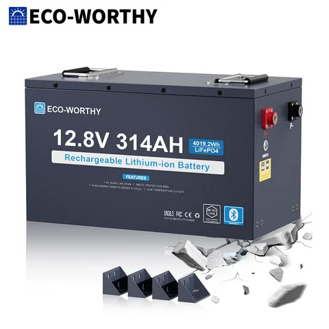 ECO-WORTHY 12V 314AH ​LiFePO4 Lithium Battery Metal Case, Low Temp Protection, 3840WH, for Off-Grid RV
