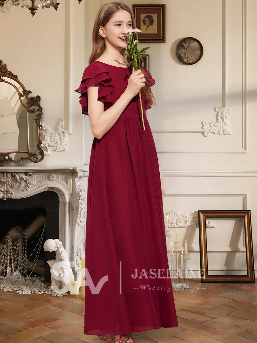 Элегантное шифоновое платье трапециевидной формы длиной до пола, платье подружки невесты с каскадными оборками, платье с цветочным узором для девочек, вечерние, свадебные, официальные