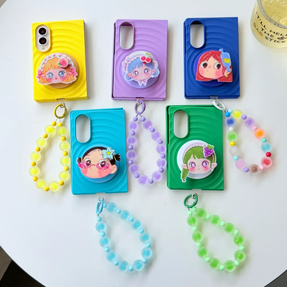 Kawaii Cartoon Girl Magnetic Holder Solid Color Phone Case For Samsung Galaxy Z Fold 8 fold 8 Cover Cute Folding Anti‑Fall Cases