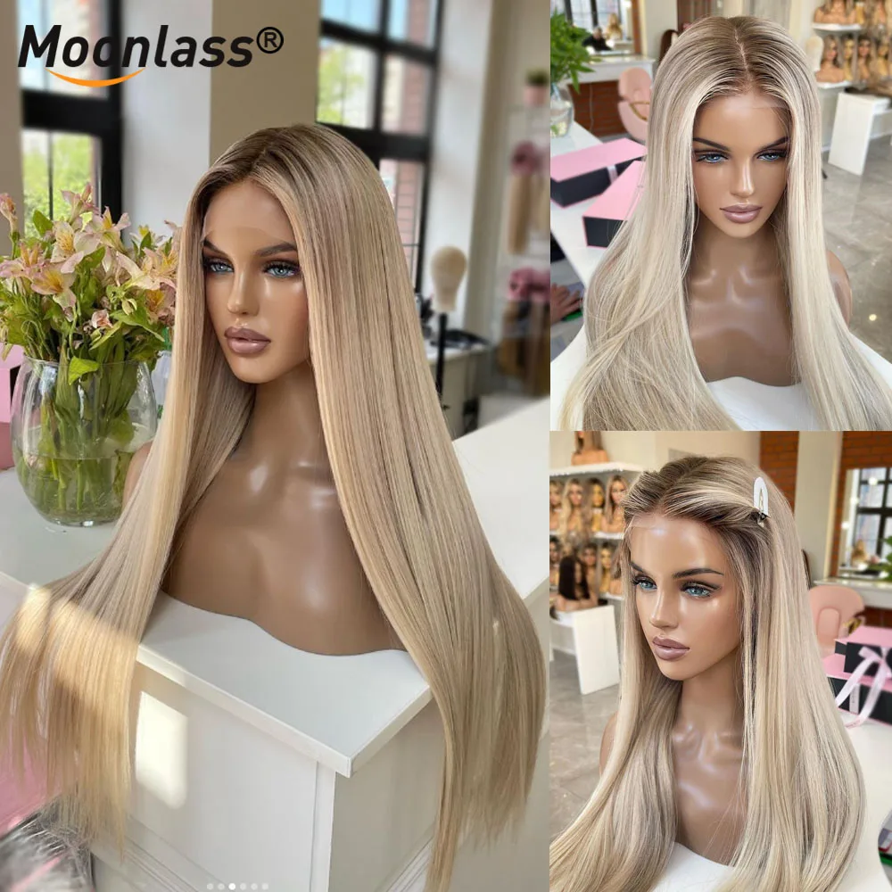 Ombre Ash Blonde Straight Wig 100% Human Hair 200% Density 13x6 Transparent Lace Front Wigs Natural Hairline Remy Wig For Women