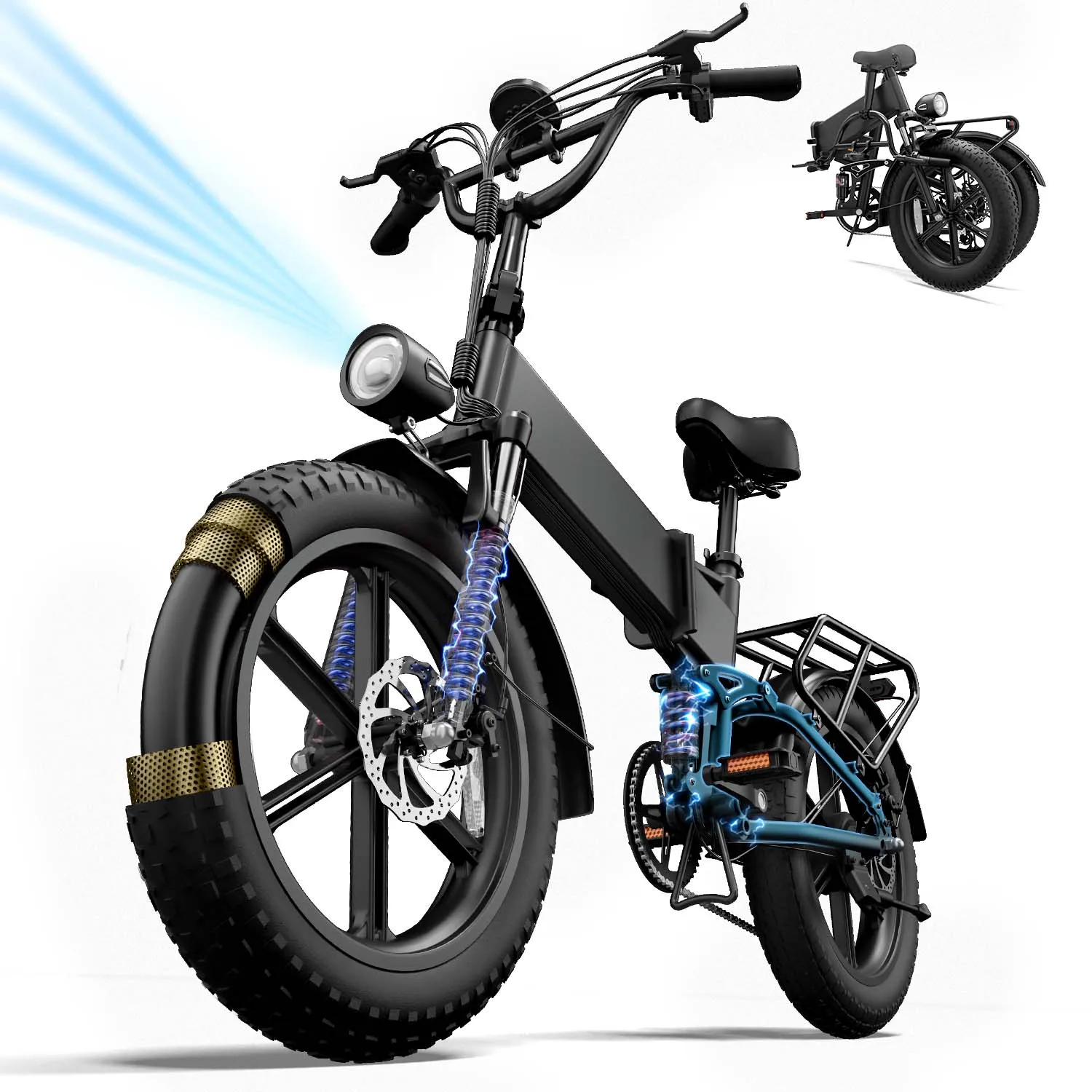 Urlife Electric Mountain Bike With 48V 13Ah 7-Speed Removable Battery 20*4 Inch Fat Tire Foldable For Easy Storage Ebike