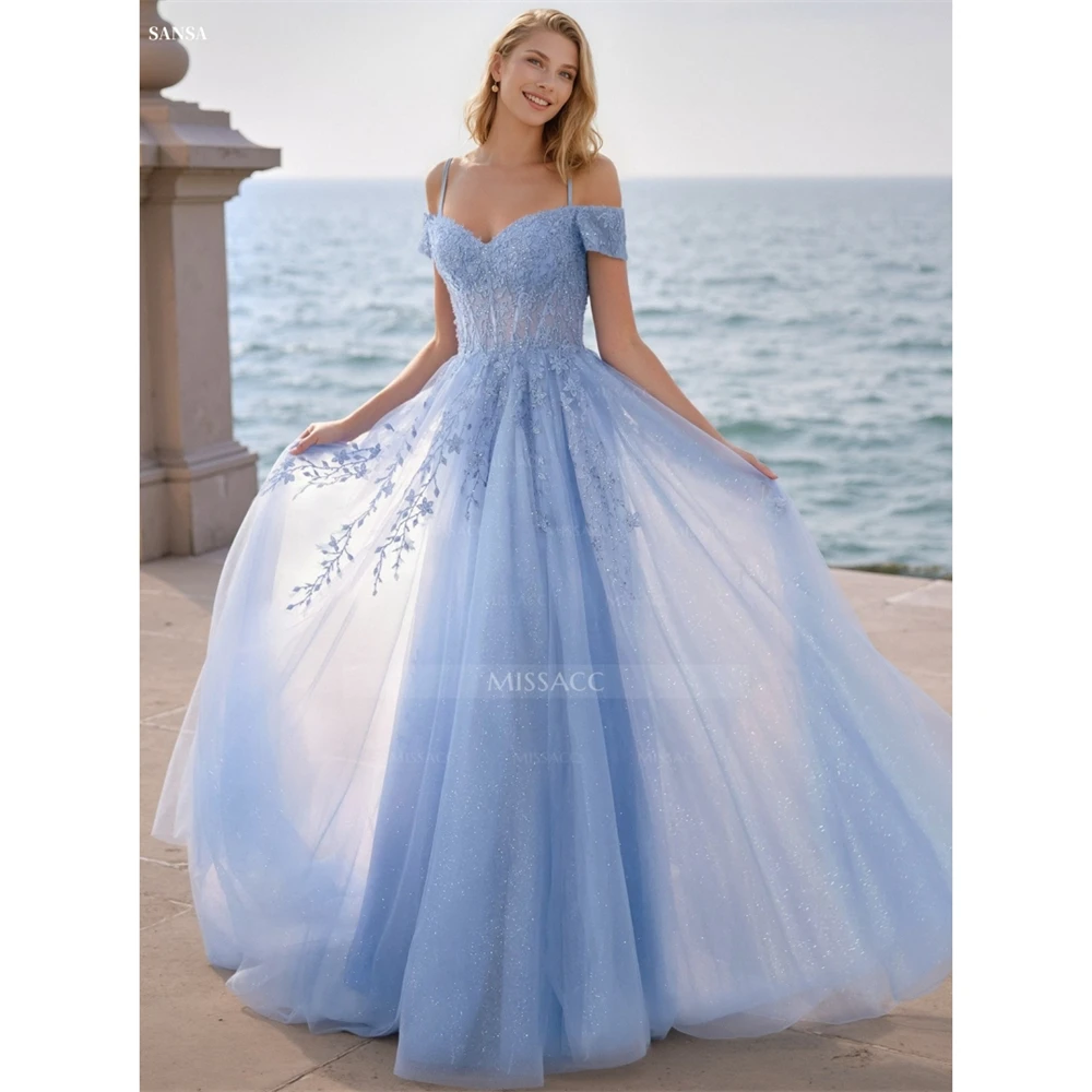 

Sansa Customized Blue A-line Spaghetti Strap Prom Dress Floral Embroidery Sleeveless Vestidos De Noche Floor-Length Formal Gown