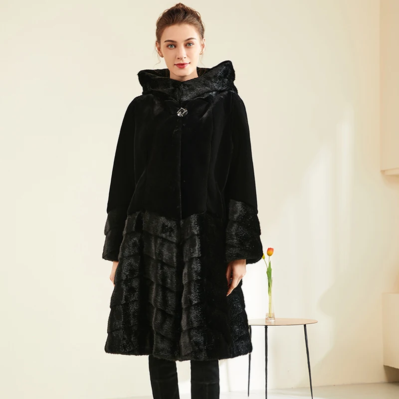 Women Winter Black Coat Jacket Luxury Faux Mink Fur Coat Long Sleeve Collar Coat Faux Fur Stitching Coat Overcoat