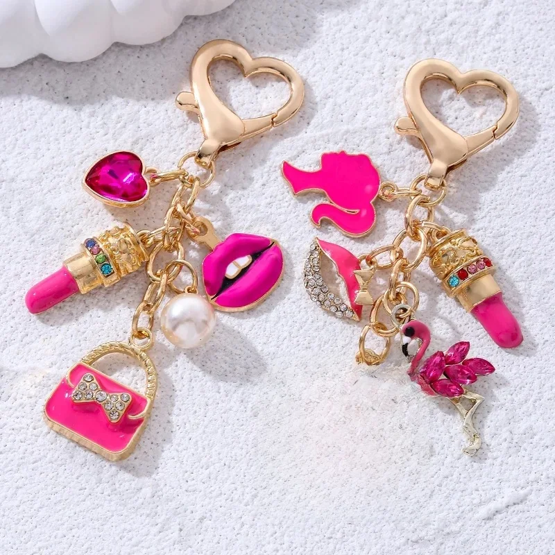 Joli sac rouge Rose lèvres flamants roses rouge à lèvres émail porte-clés joli coeur animaux porte-clés pour femmes filles ensemble de bijoux faits à la main
