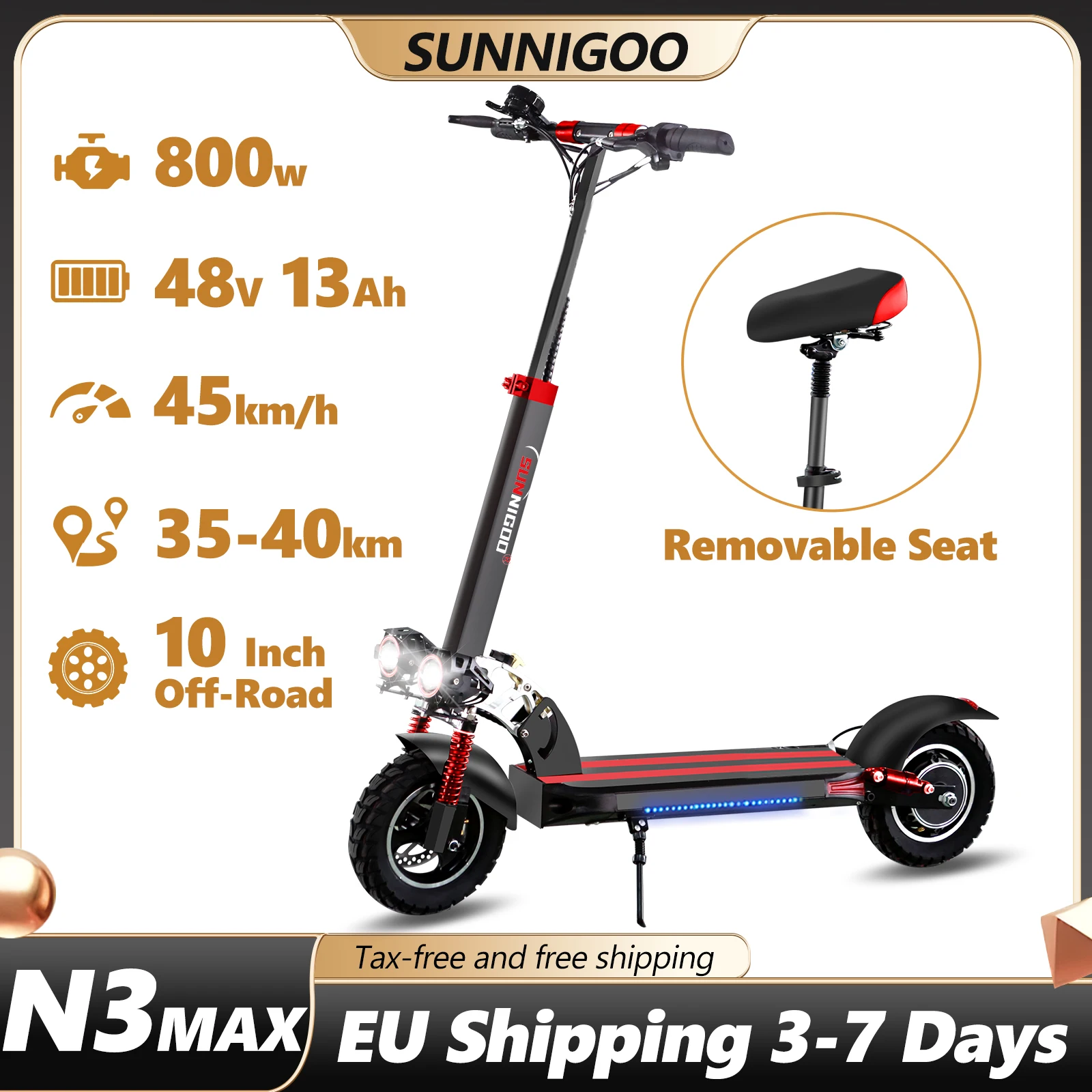 SUNNIGOO دراجات كهربائية للبالغين مع قفل مفتاح مقعد قابل للإزالة 800 وات 48 فولت 13 أمبير 10 بوصة إطار للطرق الوعرة عمود قابل للتعديل وقابل للطي