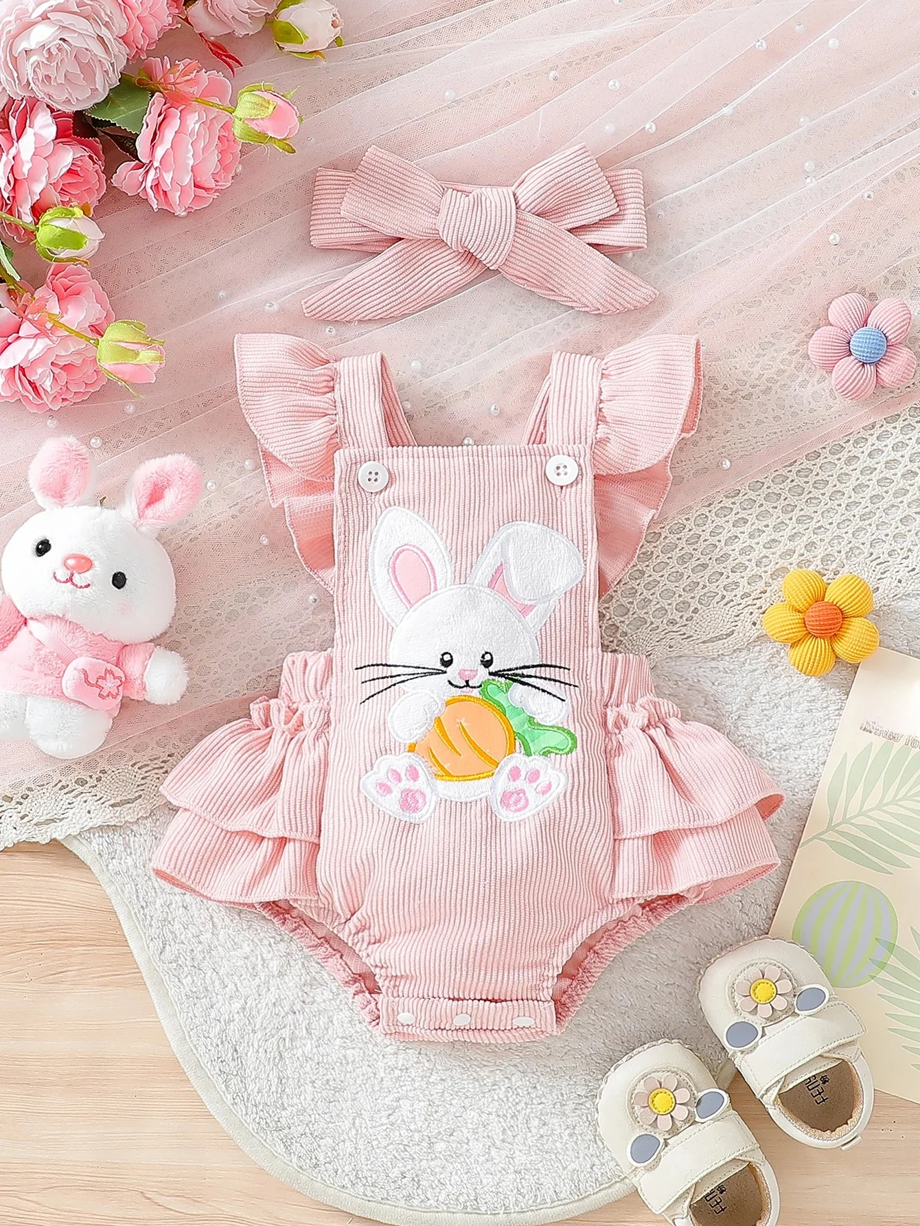 Ensemble d'été INS de Style coréen pour bébé fille, imprimé lapin, avec bavoir et bandeau, 2025