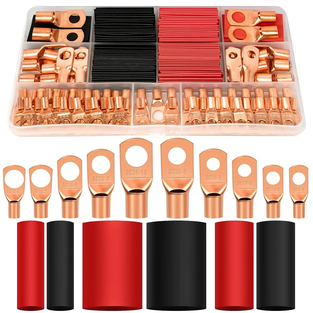 

174Pcs Copper Wire Lugs, Terminal Connectors AWG12 10 8 6 4 2 with Heat Shrink Set, Battery Cable Ends Ring Terminal Connectors