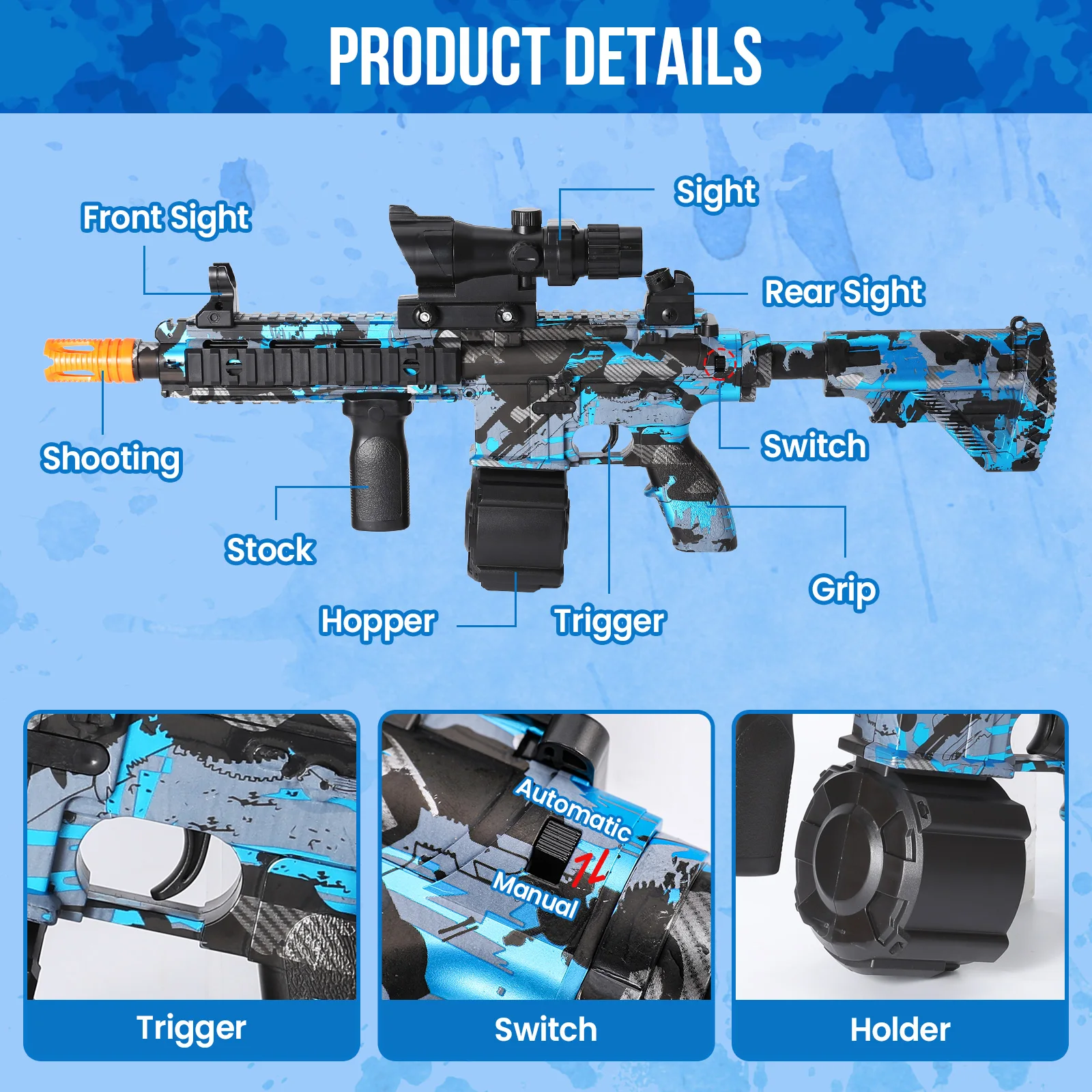 M416 Toy Gun Manual & Electric 2-in-1 Gel Ball Splatter Gun With 10000 Water Beads Goggles Toy Gun For Outdoor Game