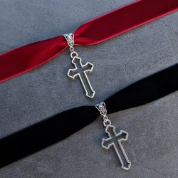 Gothic Cross Velvet Choker - Vampire Aesthetic Mallgoth Dark Academia Goth Fashion Jewelry