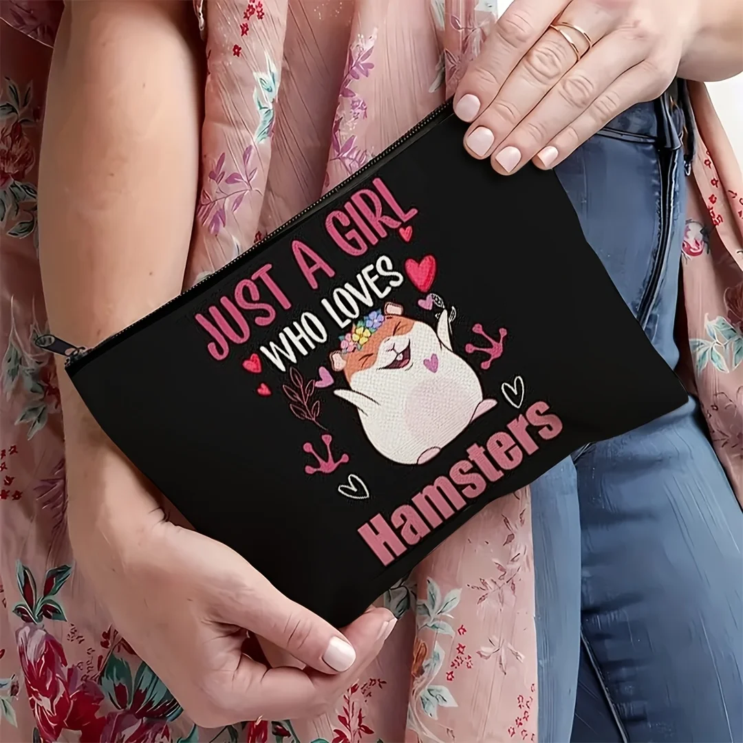 1Pc Cartoon Hamster, Heart and Floral Retro Design Multifunctional Travel Makeup Bag, Snack Storage Bag, Stationery Storage Bag, Fashionable Toiletry Bag, Canvas Double-Sided Printed Zipper Pouch