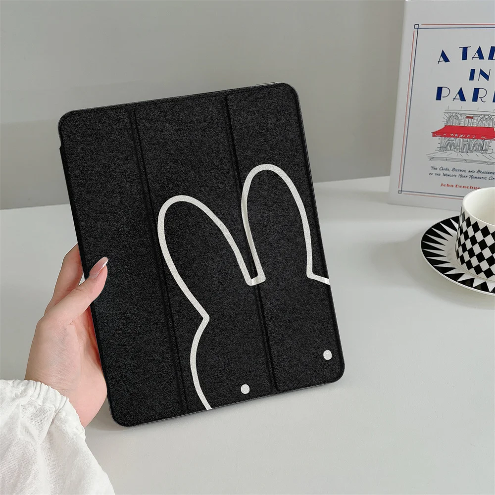 Minimalist Black Miffy Line Art iPad Tri-fold Case Auto Wake Sleep For iPad 11' A16 Air5 Air4 IPad10 10.9 9.7 Mini 6 5 4