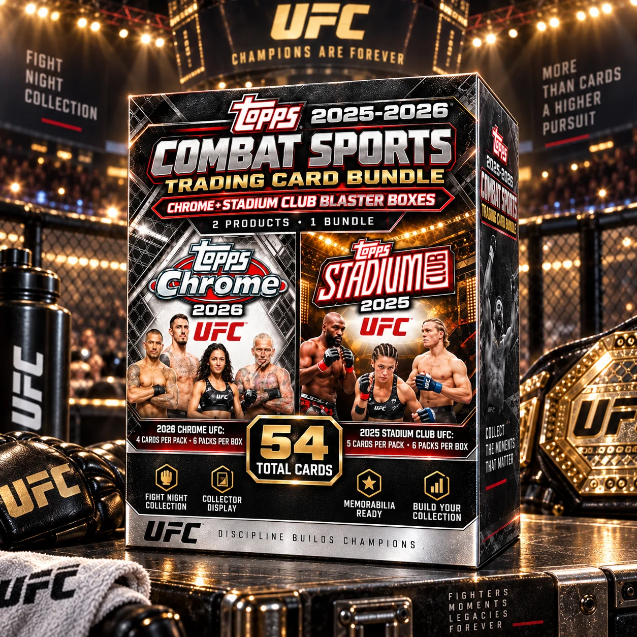 2025-2026 Topps Combat Sports Trading Card Bundle, 54 Cards Total Chrome & Stadium Club Blaster Boxes for Fight Sports Fans, Card Room Displays, Collection Building & Memorabilia Storage