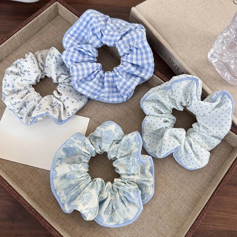 2024 Sea Blue Polka Dot Scrunchies Fashion Gilrs Floral Plaid Large Intestine Hair Ties Ropes Women Sweet Versatile Rubber Bands — zdjęcie 2