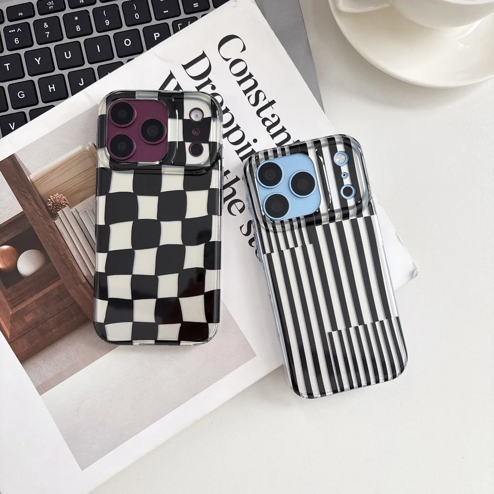 Korean Ins Black White Checkerboard Stripe Phone Case for iPhone 18 17 Pro 15 16 17 Pro Max, Fashion Shockproof Protective Cover
