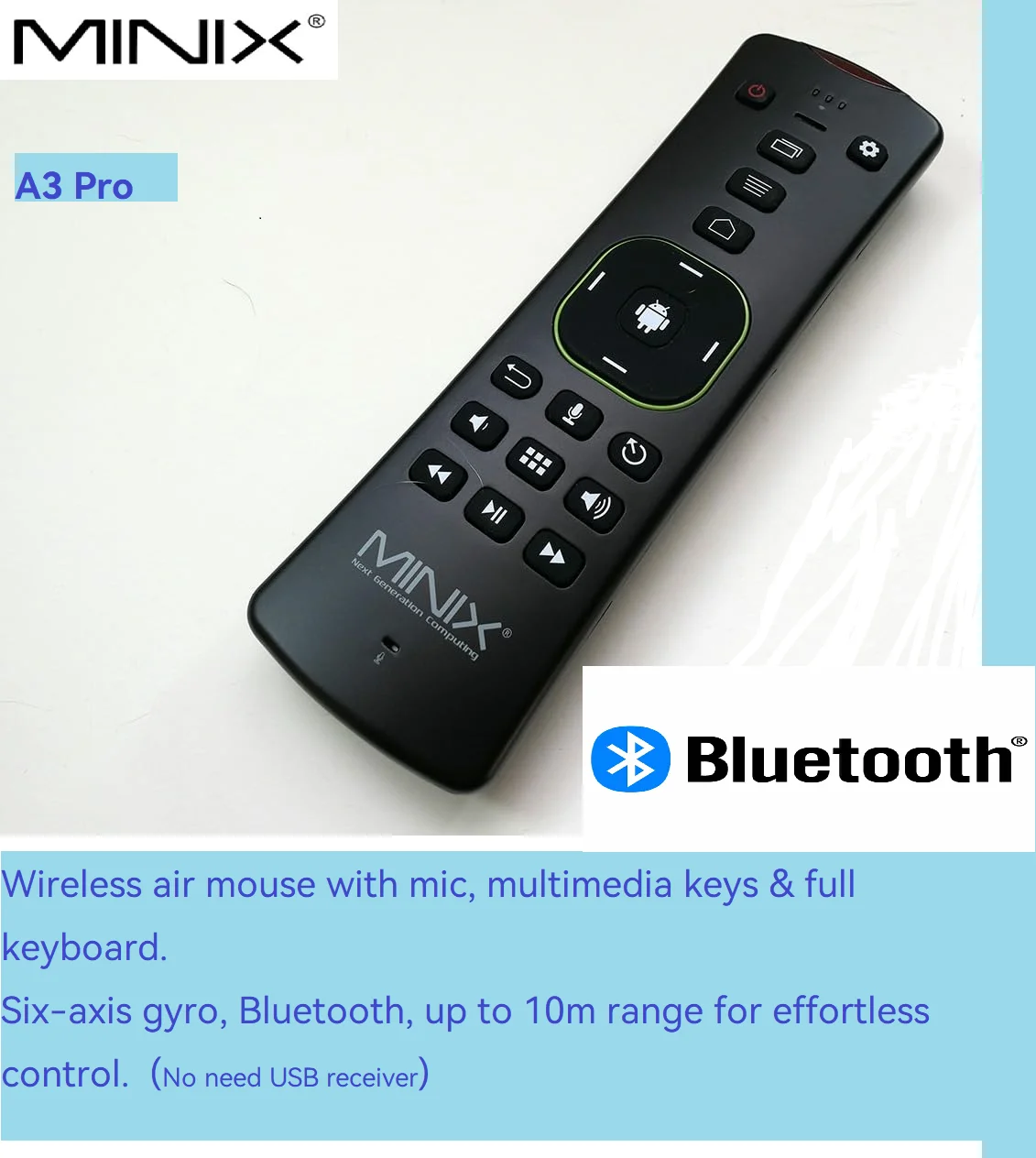 

MINIX A3 Pro wireless remote control for MINIX U8K, U9, U22X-J , X35-i air mouse or android media player， Bluetooth connected