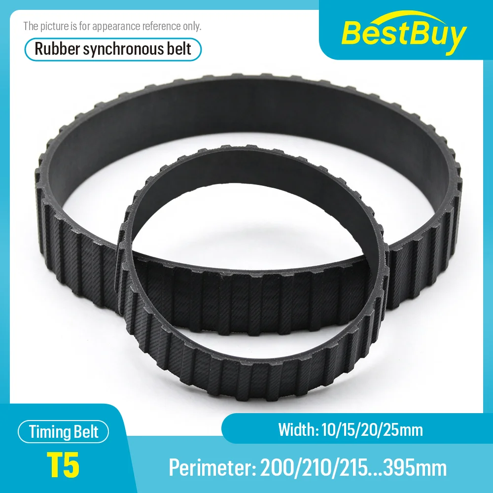 T5 Rubber Closed Loop Timing Belt, 10/15/20/25mm Width, Perimeter 200/210-395mm, 5mm Pitch Trapezoidal Tooth Synchronous Belt