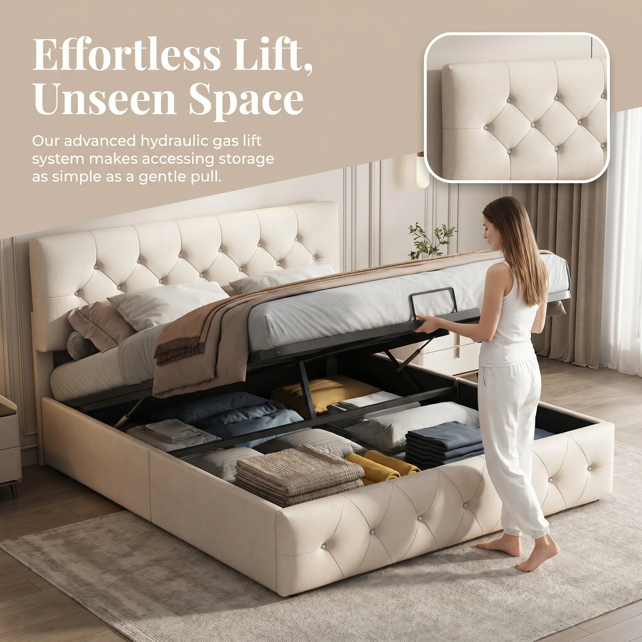 Superaly Cama Tapizada con Espacio de Almacenamiento de 140x200 cm, Tamaño Queen, con Cabecero Acolchado, Cama con Elevación Hidráulica y Almacenamiento Debajo, Cabecero Ajustable, Cama Plataforma de Terciopelo Color Albaricoque para Dormitorio