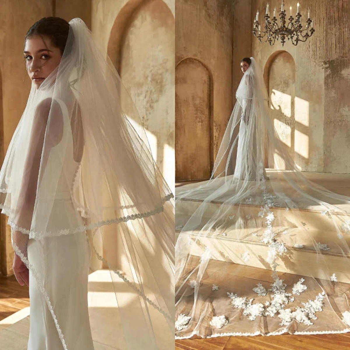 

Соборная свадебная фата, мягкая кружевная белая фата с расческой, высококачественные свадебные аксессуары по индивидуальному заказу