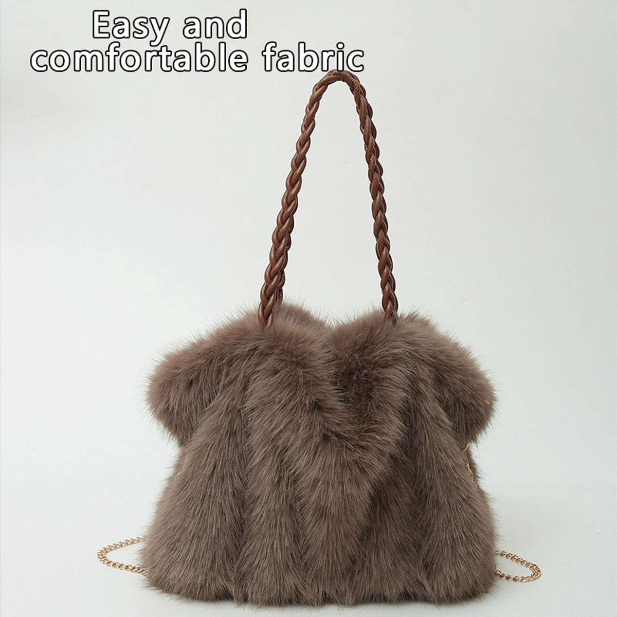 Women\'s Fashionable Plush Large Capacity Tote Bag High-end Pleated Fox Fur Shoulder Crossbody Bag Commuter Bag with Metal Chain