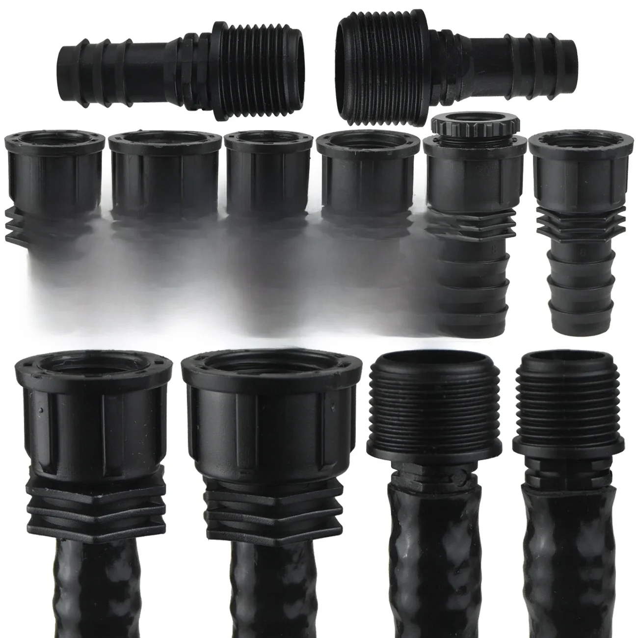 Adaptateur de tuyau en PE avec coude en T, connecteur de filetage mâle et femelle, système d'arrosage d'irrigation goutte à goutte de jardin, 16mm, 20mm, 25mm, 1/2 ", 3/4