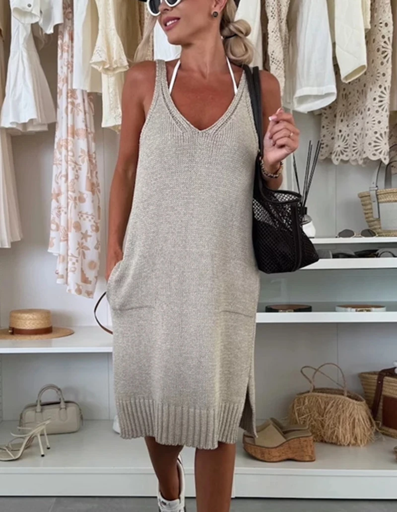 

Women's Sexy Deep V Neck Sleeveless Casual Beach Dress Side Slit Loose Knitted Summer Swimsuit Cover-up Wrap with Pockets