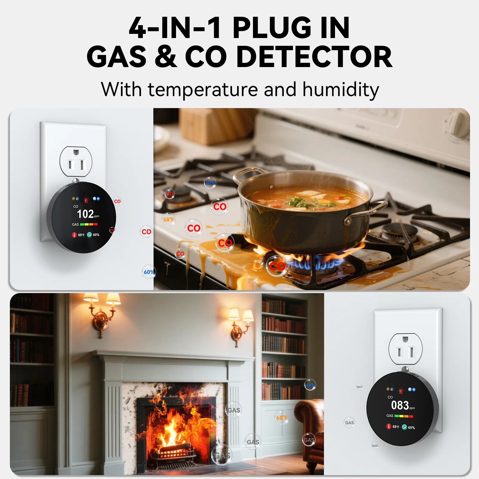 CHZHVAN 4-in-1 일산화탄소 감지기 CO 가스 경보기(스크린 포함), 천연가스/LPG/메탄/프로판/부탄용 가스 연료 감지기