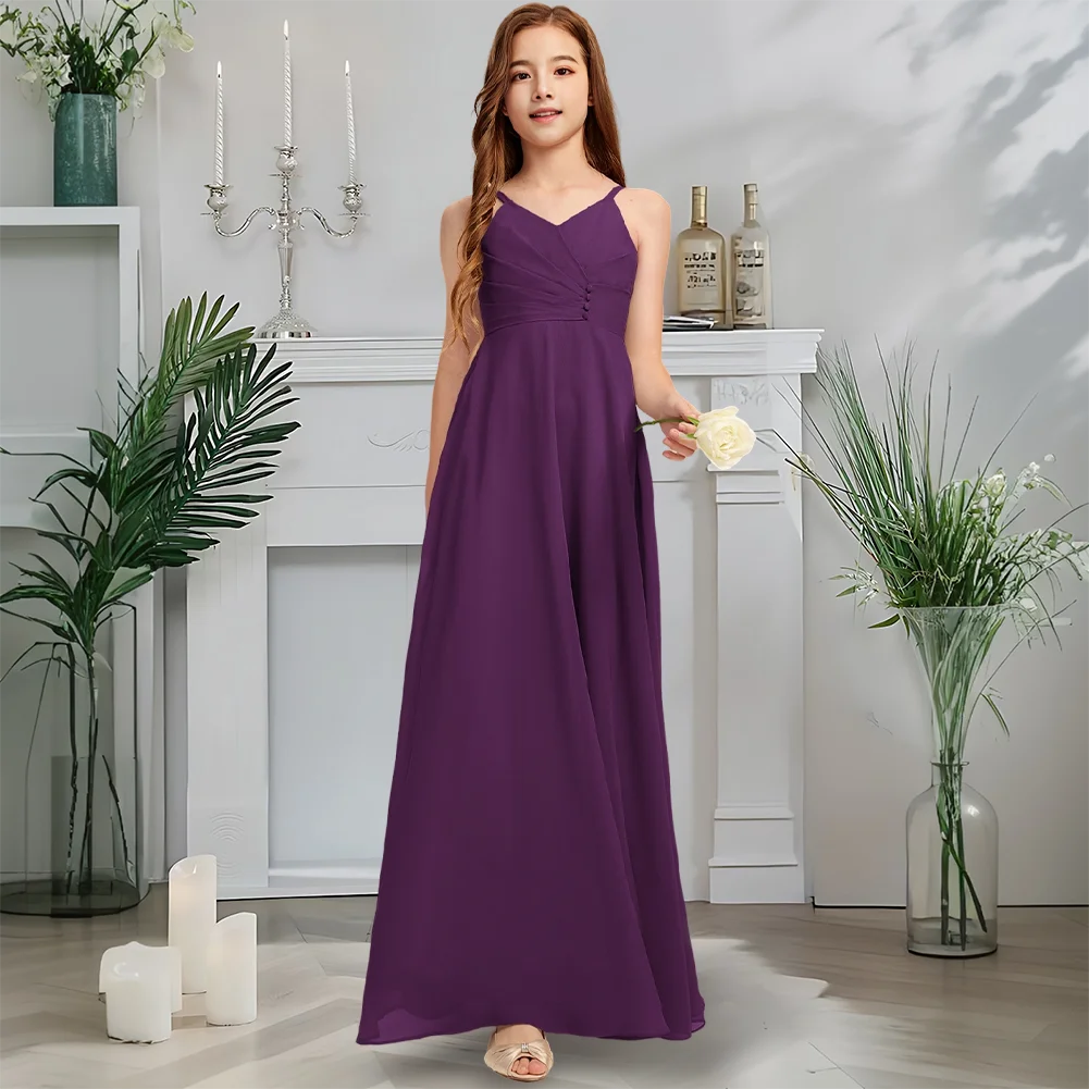 

A Child Misty Blue V Neck Junior Bridesmaid Dress Flower Girl Dress Chiffon Floor Length Kids Girls Wedding Party Formal Event