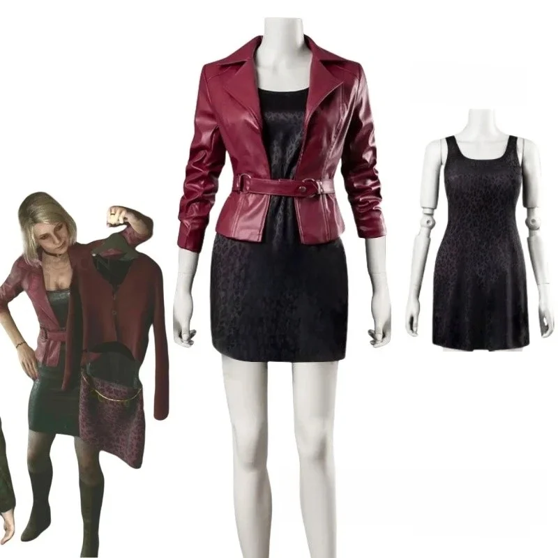 Vrouwelijke Maria Cosplay Rode PU Jas Jurk Kostuum Spel Stille Cosplay Hill Vrouwen Zwarte Jurk Outfit Halloween Carnaval Party Pak - afbeelding 2