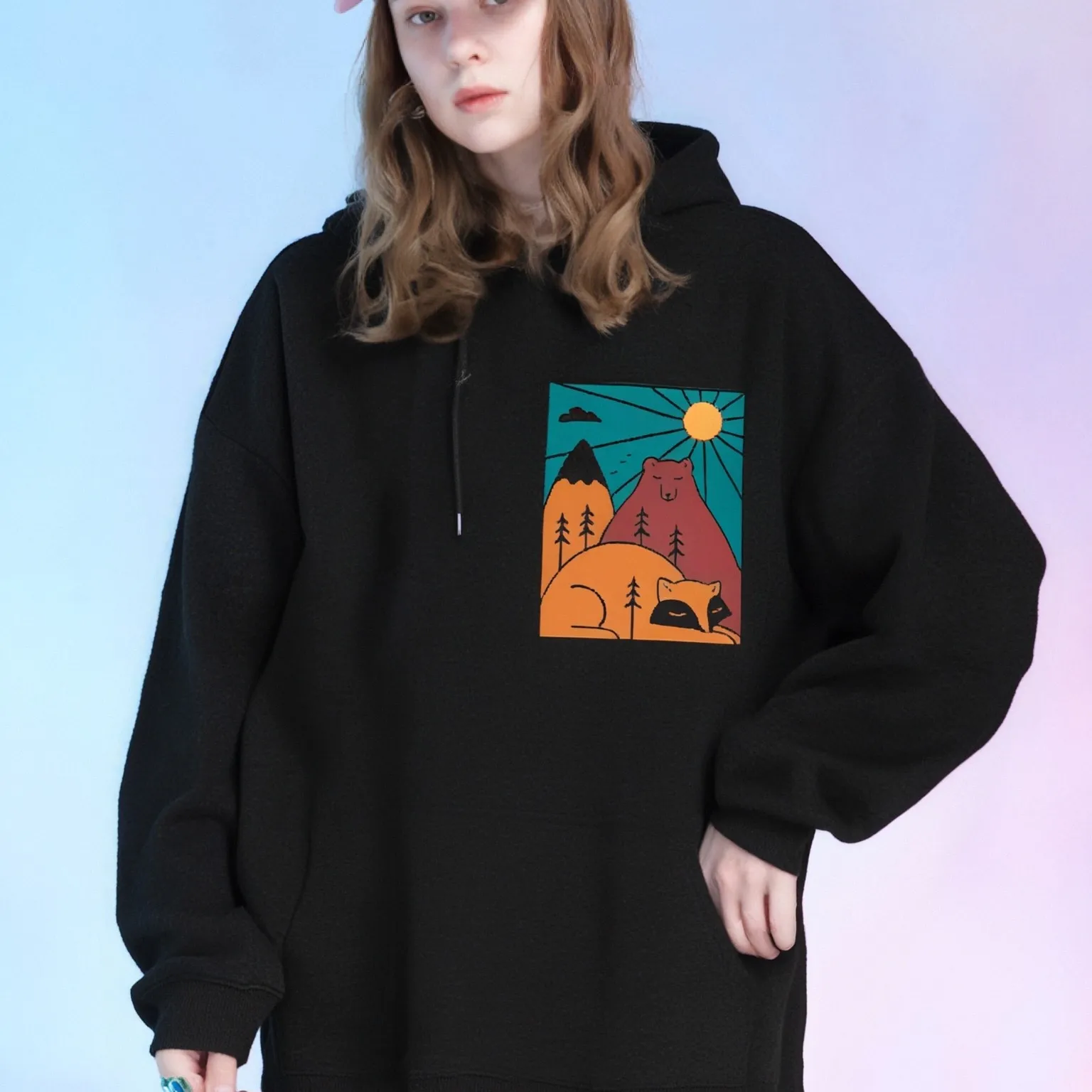 Nature Lovers Cotton Hoodie Bear Mountain Pattern Casual Loose Long Sleeved Autumn Cool Charming Fashionable Comfortable Top