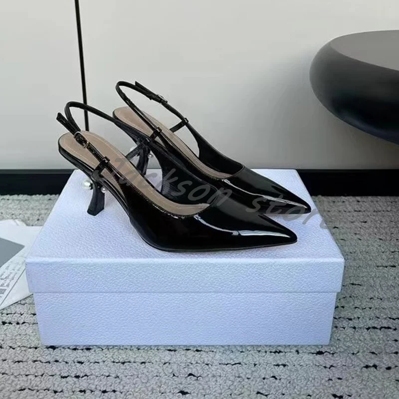 New Arrival Patent Leather Strap Versatile Women Sandals Pointed Toe Fashion Formal High Heel Buckle Slip On Pear Dress Shoes