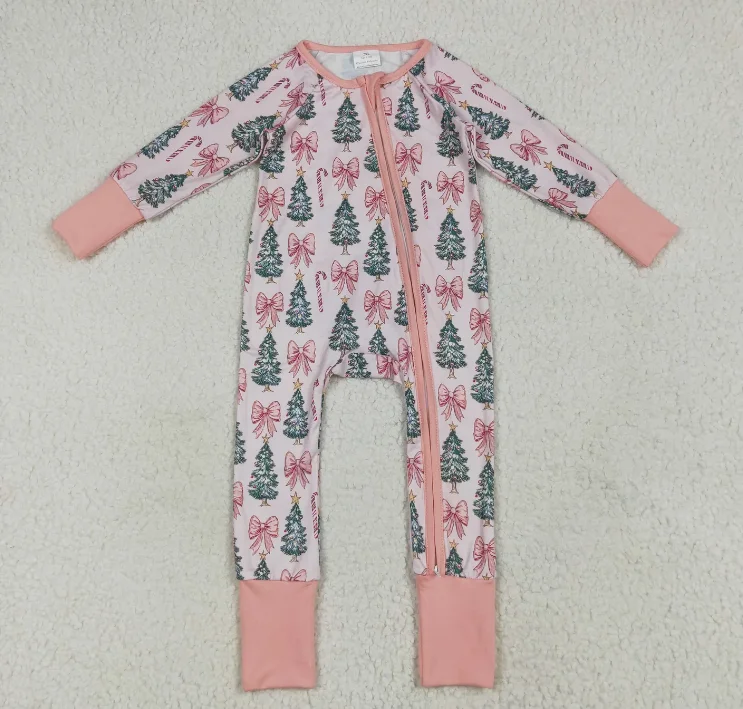 

LR2283 Children Girl Tree Bows Pink Print Long Sleeve Winter Jumpsuits Baby Girls Christmas Zipper Sleeper Romper