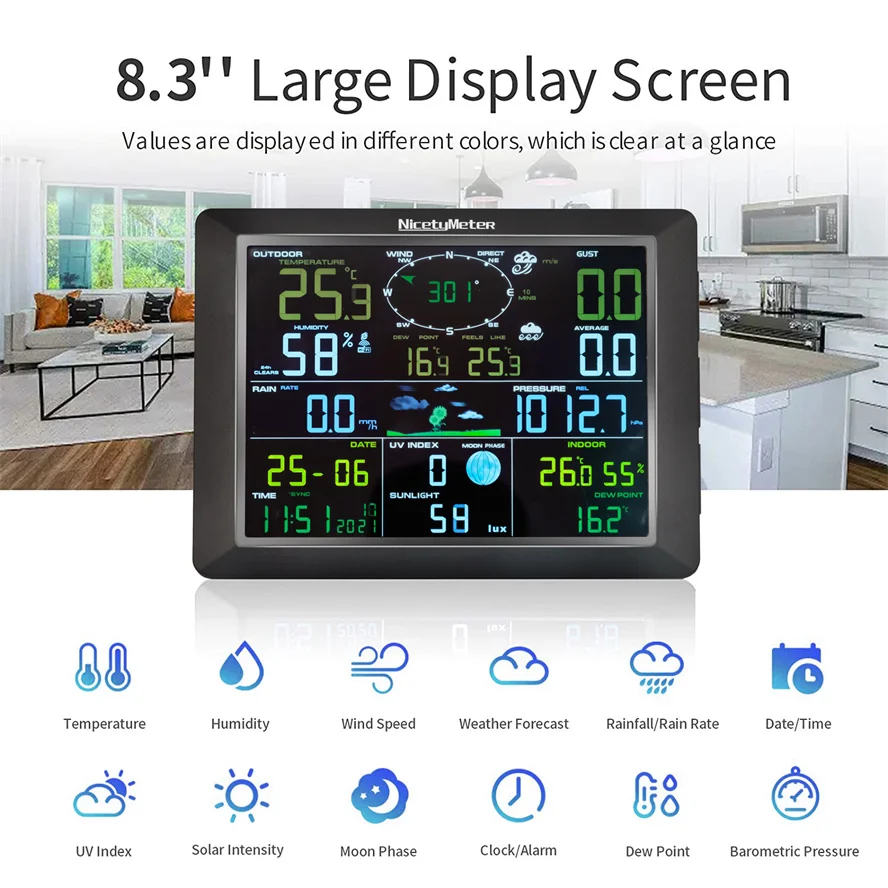 Weather Station Display with Solar Wireless Outdoor Sensor Alarm alert for Temperature Humidity Super wide Screen Wifi Wireles