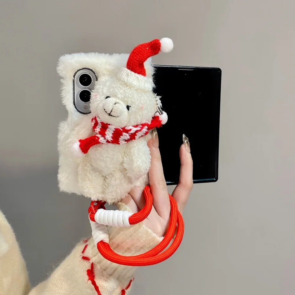 Cute 3D Christmas Bear Plush Phone Case for Samsung Galaxy Z Fold 8, Z Fold 8 Ultra, Z Fold 7 With Charm Kawaii Shockproof Cover