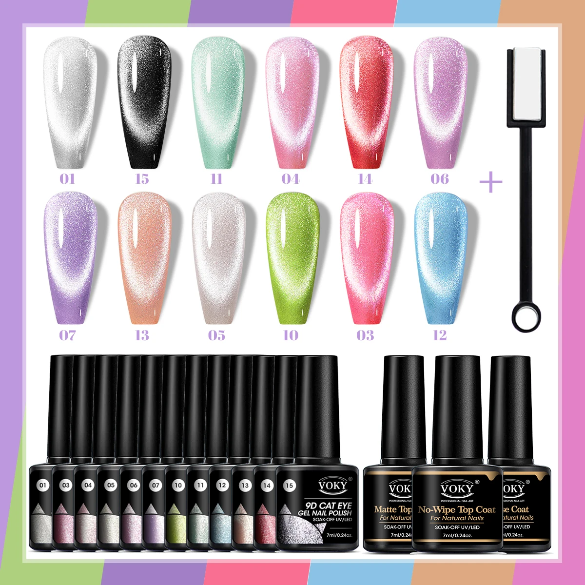 15 pièces/ensemble vernis à ongles Gel œil de chat à paillettes holographiques avec Kit de couche de finition en Gel de Base, ensemble de vernis Gel UV à tremper réfléchissant