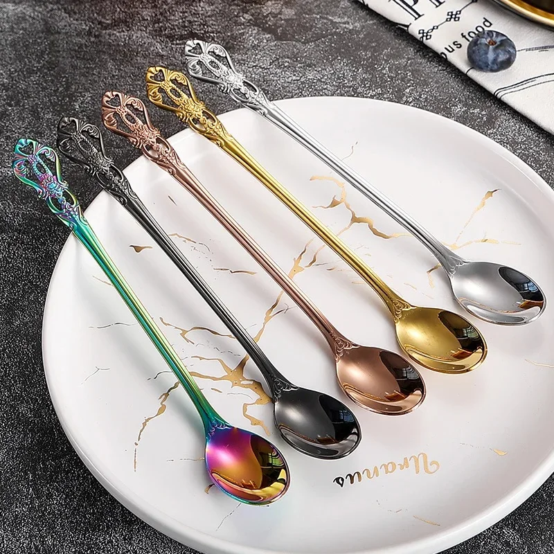 Cuillère à café rétro créative à long manche en acier inoxydable, cuillère à remuer, cuillère à crème glacée, cuillère à dessert, accessoires de cuisine