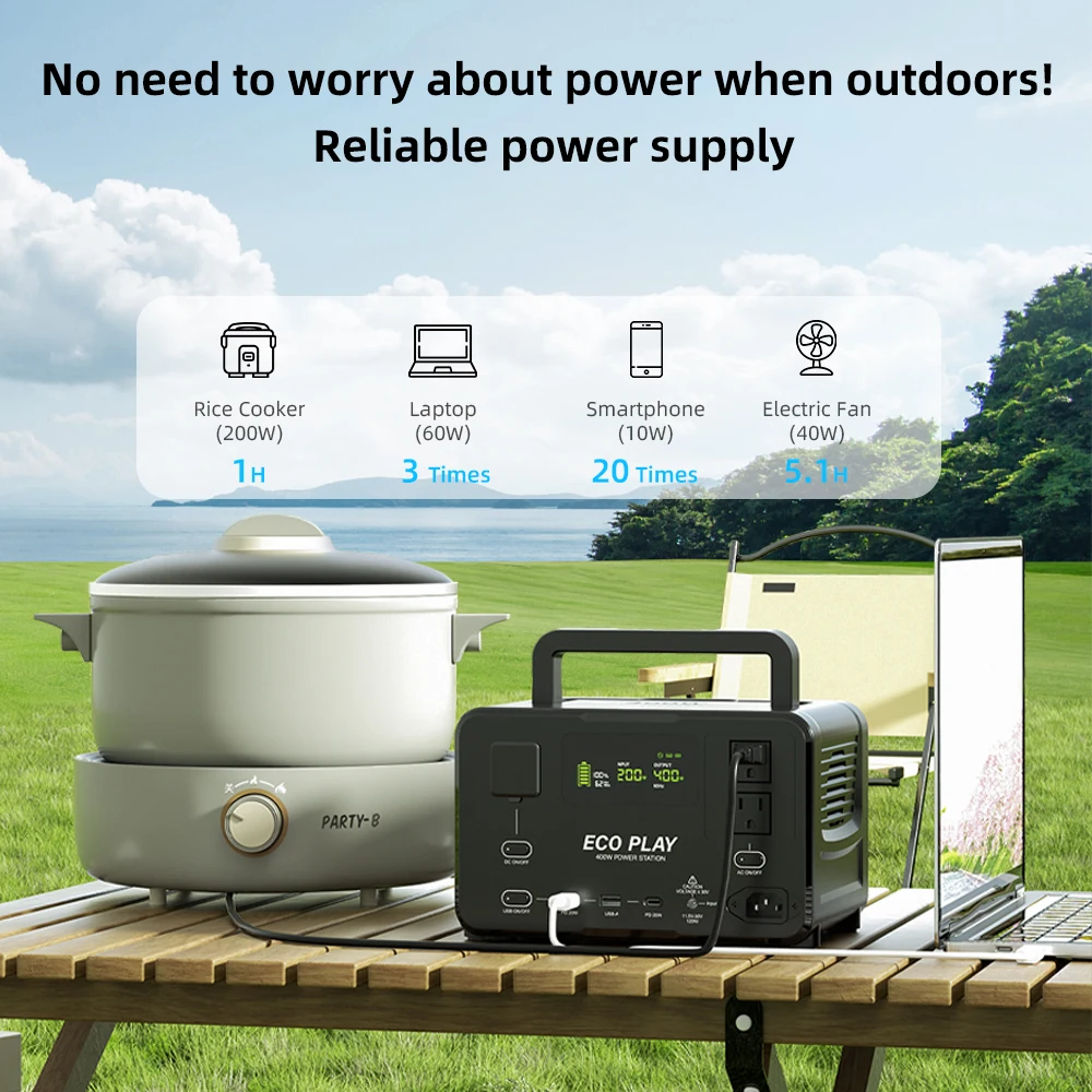 ECO PLAY Central eléctrica portátil, EP400 256 Wh, batería LiFeP04 con 2 salidas de CA de 400W (800W) para acampar al aire libre, RV y hogar