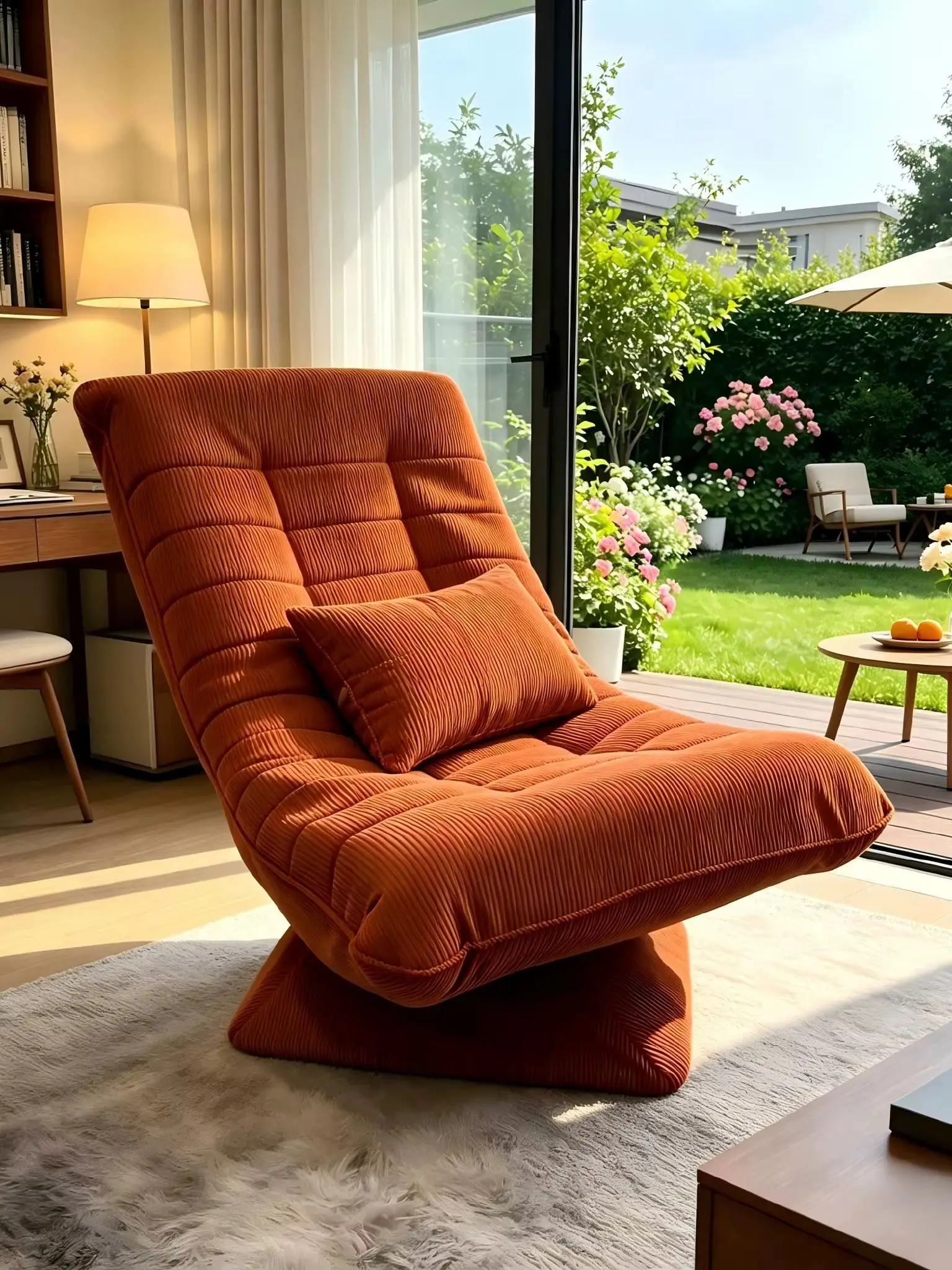 Ergonomischer Corduroy-Schaukelstuhl, 3-stufig verstellbarer Relaxsessel, 360-Grad-drehbarer Entspannungsstuhl mit dicker Memory-Schaum-Polsterung, robuster Freizeit-Lese- und Nickerchenstuhl für den