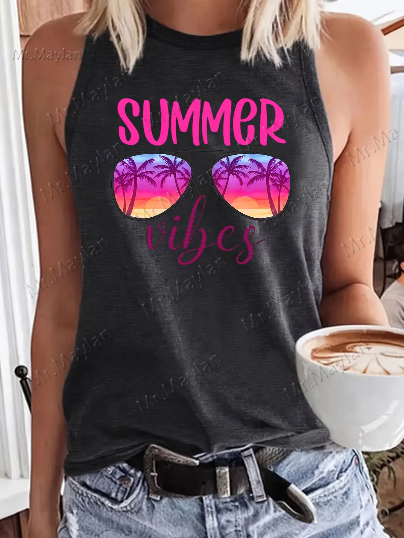 Summer Vibes Printed Sunglasses Women's Harajuku Leisure Tanks Tops Sexy O-neck Vest Tees Girl Black Clothes Ropa De Mujer S-143