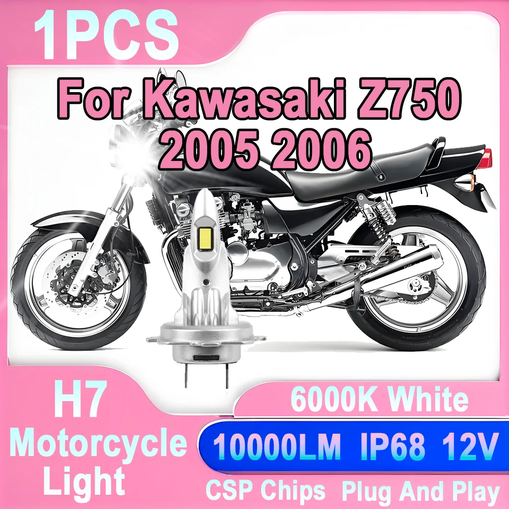 

6000K White 60W H7 LED Headlight Bulb 10000LM Motorcycle Headlamp 12V For Kawasaki Z750 2005 2006