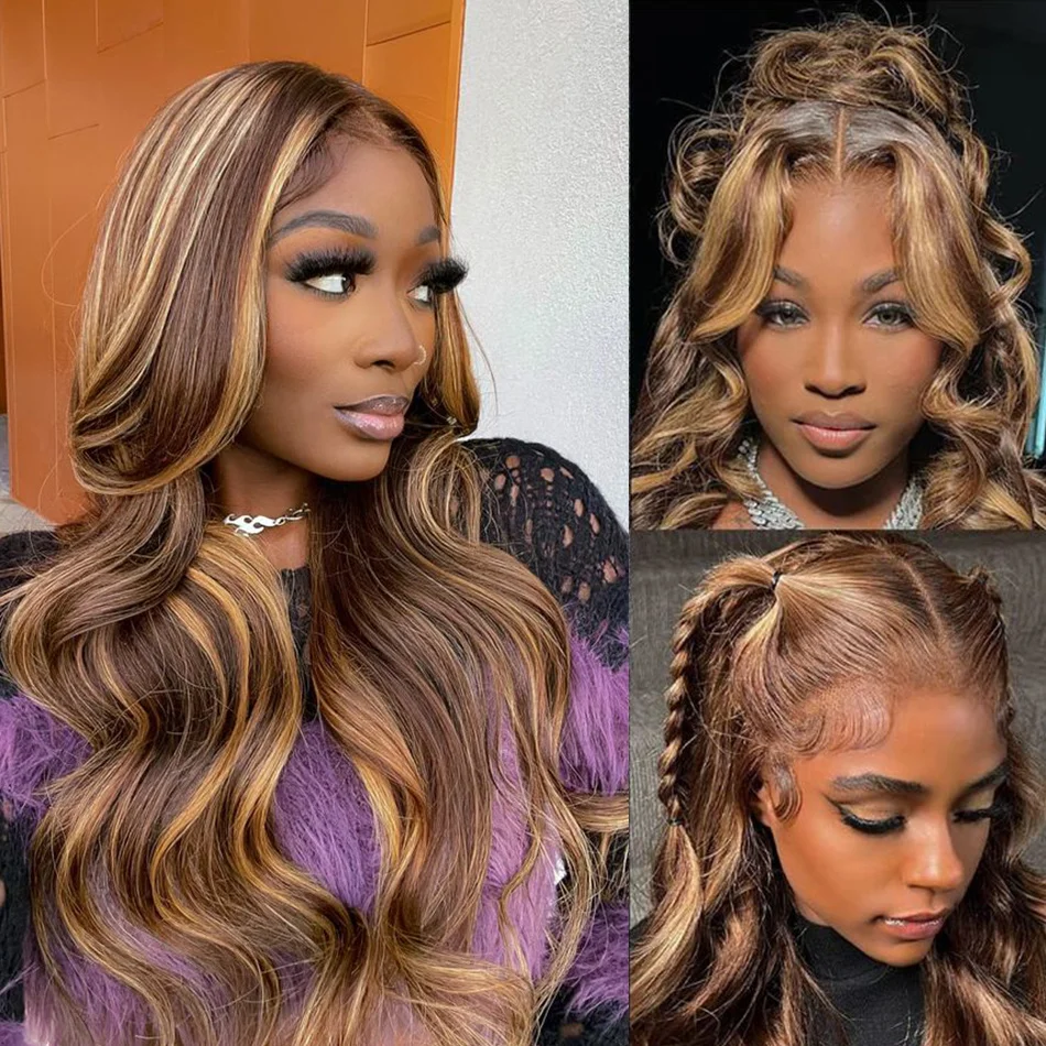 Body Wave 4/27 Honey Blonde 34 pollici parrucca anteriore in pizzo capelli umani HD parrucche frontali in pizzo per le donne evidenziare parrucca Omber capelli umani