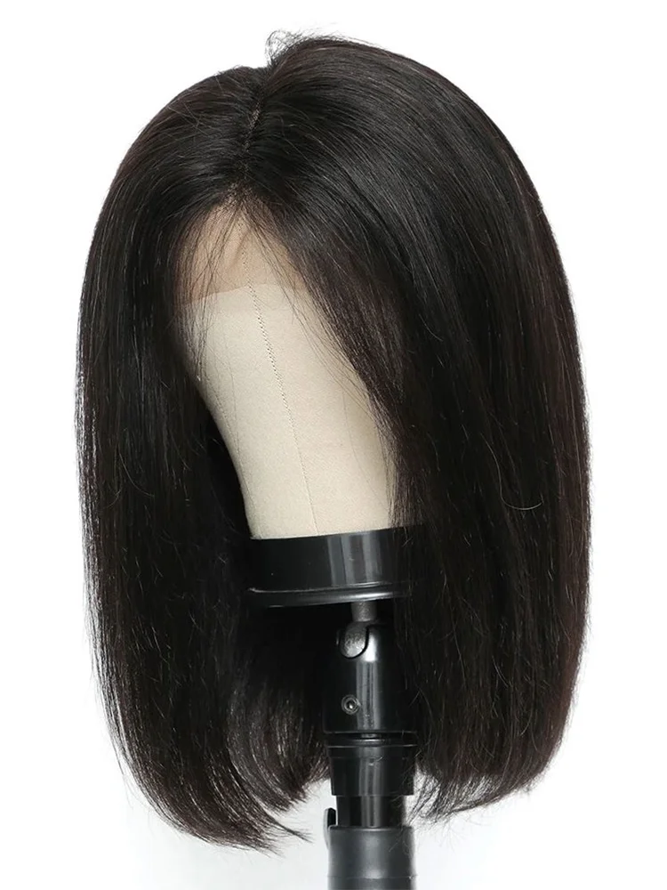 Peluca de encaje Frontal transparente para mujeres negras, pelo liso y sedoso corto, Bob negro, 4 × 4, 8-16 pulgadas, fácil de usar