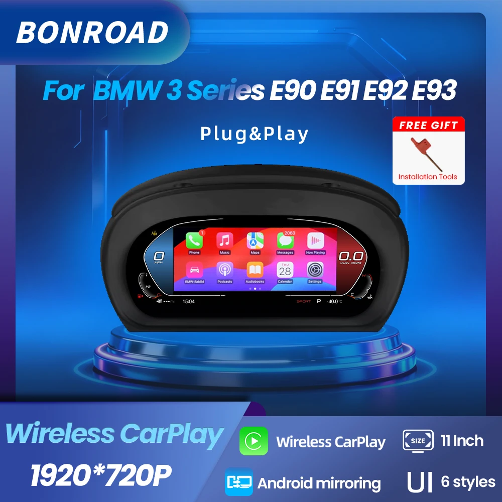 BONROAD 1920*720P Wireless Carplay Android Mirroring Cluster di strumenti digitali per BMW E90 E91E92 Display del tachimetro del cruscotto