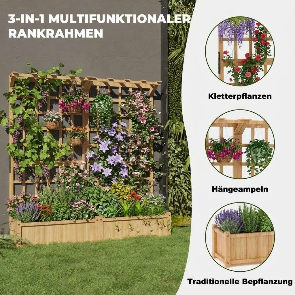 Jardinera de madera de 124 x 41 x 160 cm, con estructura de soporte y techo, 2 niveles, para balcón o jardín.