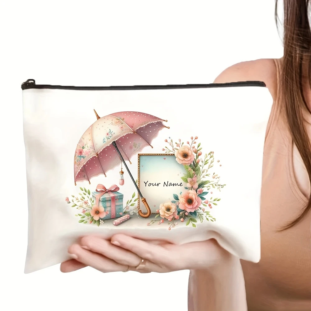 Vintage Pink Umbrella Floral Custom Name Multi-Use Cosmetic Pouch Gift For Mom Teacher Graduation Season