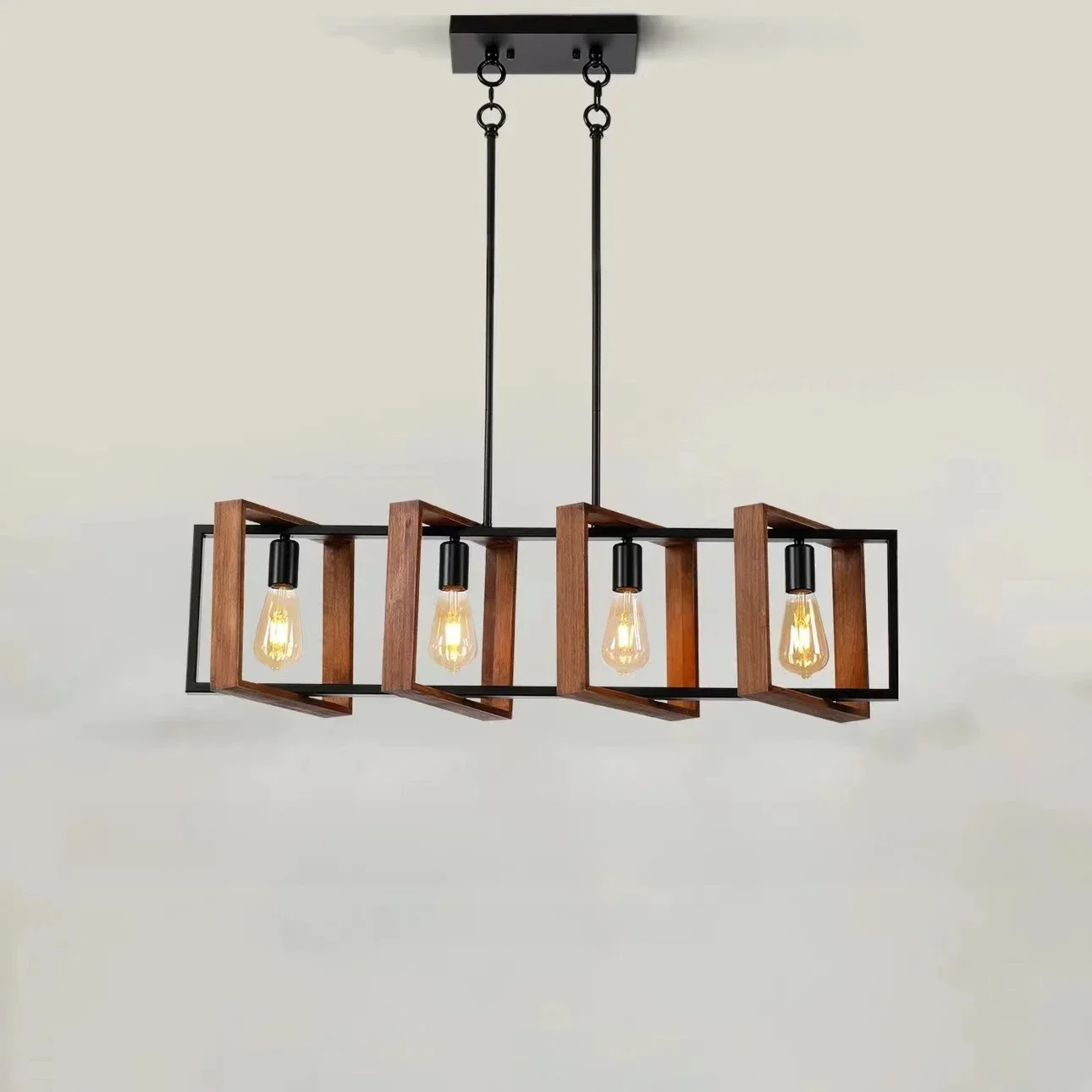 Lampe Suspendue de Style Industriel Vintage à 4 Têtes en Bois Massif et Fer, Luminaire pour Salle à Manger et Restaurant